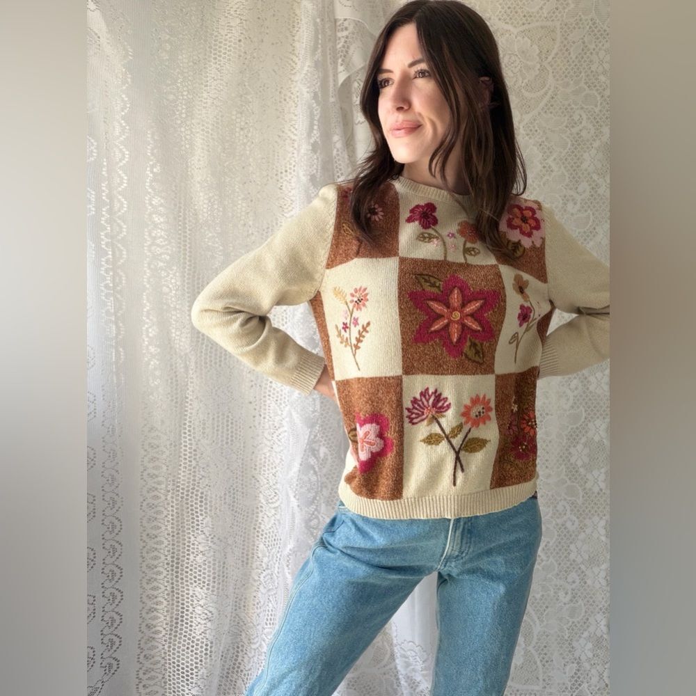 Vintage 90s Floral Patchwork Sweater Alfred Dunner Silk Blend - Picture 8 of 13
